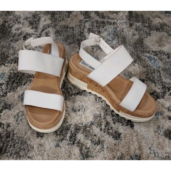 Steve Madden Brenda Thick Strap Platform Sandal Shoe White Size 8 Leather - Picture 2 of 10